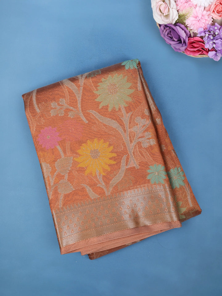 Burnt Orange Floral Design Zari Work Tissue Silk Saree - Diadem