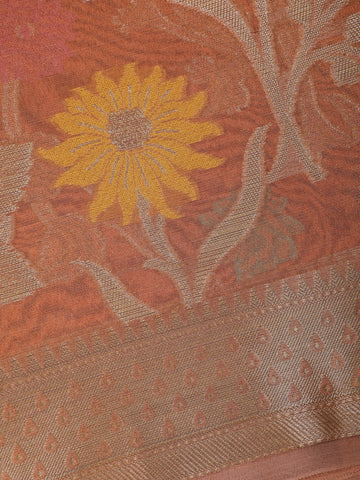 Burnt Orange Floral Design Zari Work Tissue Silk Saree - Diadem