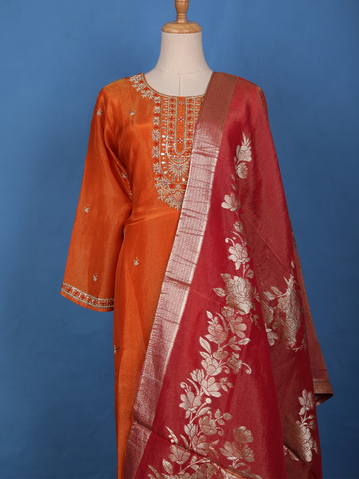 Burnt Orange Floral Embroidered Sequin Work Georgette Salwar Suit - Diadem