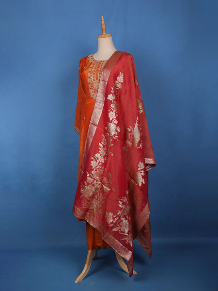 Burnt Orange Floral Embroidered Sequin Work Georgette Salwar Suit - Diadem