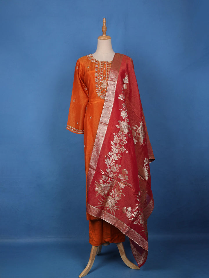 Burnt Orange Floral Embroidered Sequin Work Georgette Salwar Suit - Diadem