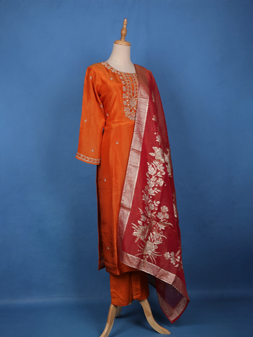 Burnt Orange Floral Embroidered Sequin Work Georgette Salwar Suit - Diadem