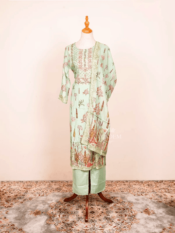 Mint Green Straight Cut Suit Enhanced with Floral Prints and Sequins along with Dupatta - Diadem