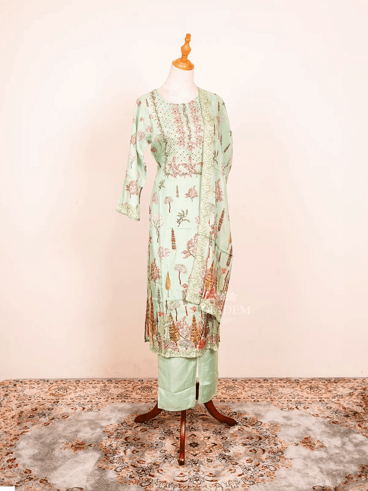 Mint Green Straight Cut Suit Enhanced with Floral Prints and Sequins along with Dupatta - Diadem