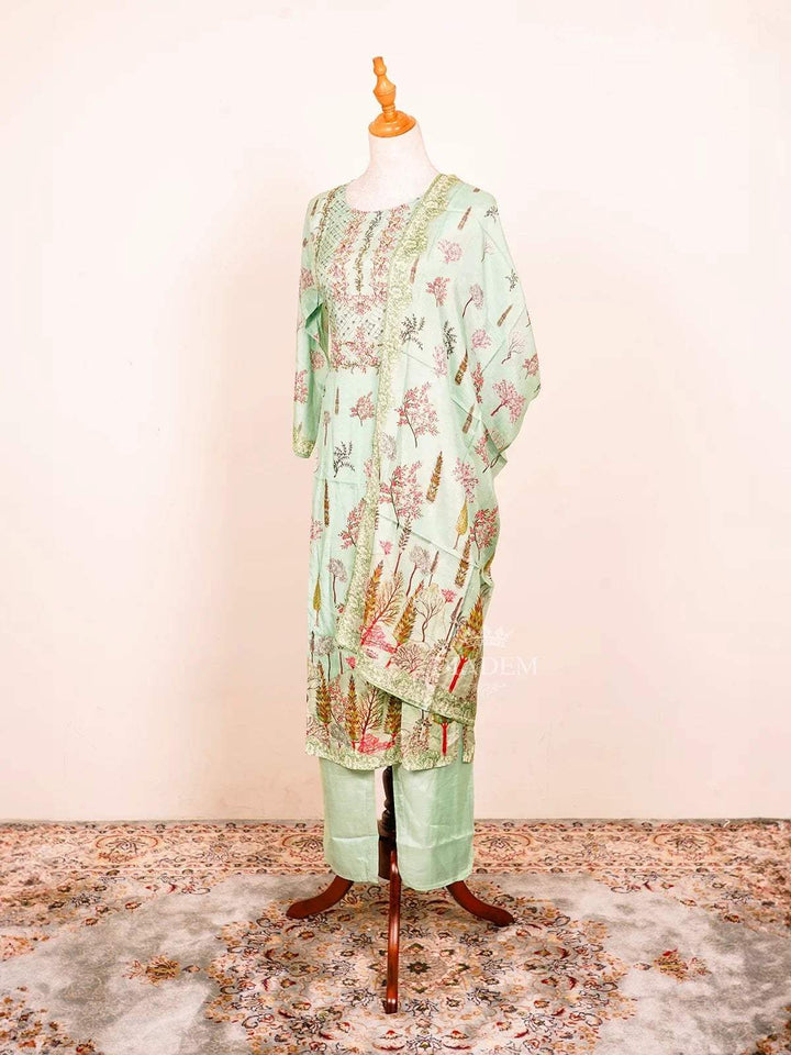 Mint Green Straight Cut Suit Enhanced with Floral Prints and Sequins along with Dupatta - Diadem