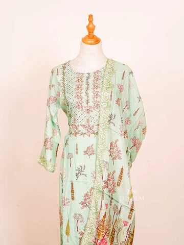 Mint Green Straight Cut Suit Enhanced with Floral Prints and Sequins along with Dupatta - Diadem