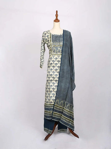 Ivory with Teal Blue Straight cut Salwar Suit Adorned with Floral Prints paired with Dupatta - Diadem