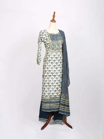 Ivory with Teal Blue Straight cut Salwar Suit Adorned with Floral Prints paired with Dupatta - Diadem