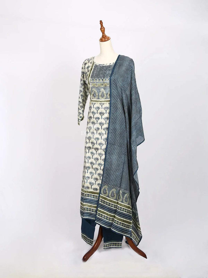 Ivory with Teal Blue Straight cut Salwar Suit Adorned with Floral Prints paired with Dupatta - Diadem