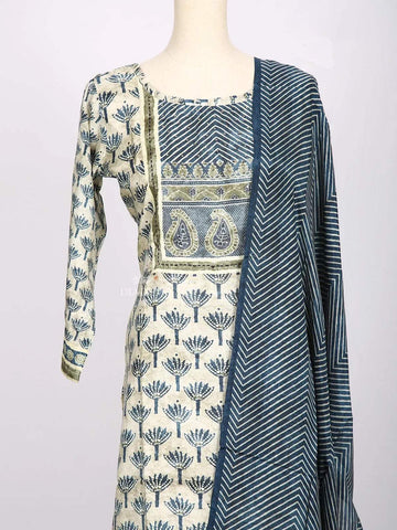 Ivory with Teal Blue Straight cut Salwar Suit Adorned with Floral Prints paired with Dupatta - Diadem