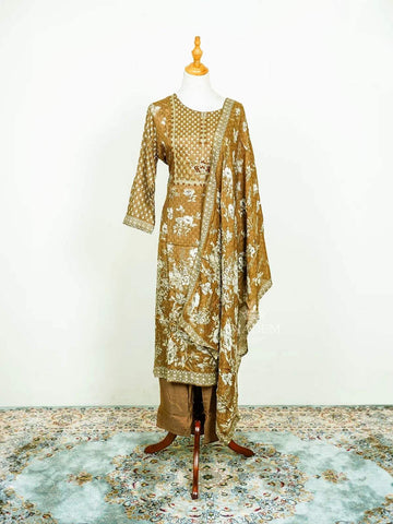 Mustard Straight Cut Salwar Suit Adorned with Sequins and Floral Prints along with Dupatta - Diadem