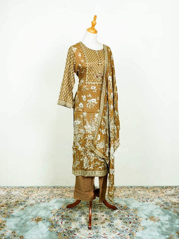 Mustard Straight Cut Salwar Suit Adorned with Sequins and Floral Prints along with Dupatta - Diadem