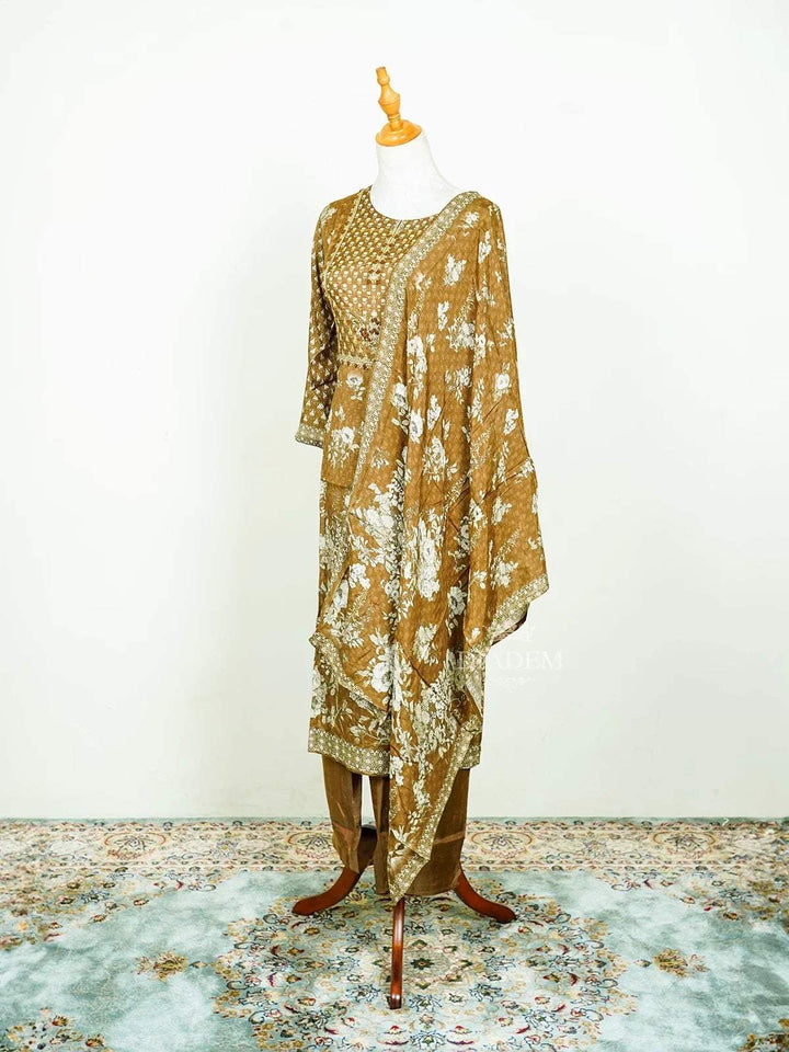 Mustard Straight Cut Salwar Suit Adorned with Sequins and Floral Prints along with Dupatta - Diadem