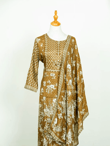 Mustard Straight Cut Salwar Suit Adorned with Sequins and Floral Prints along with Dupatta - Diadem