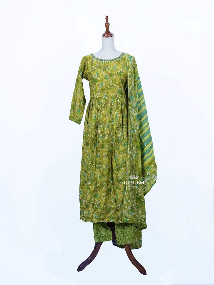 Pista Green Straight Cut Salwar Suit Adorned with Paisley Design Prints along with Dupatta - Diadem