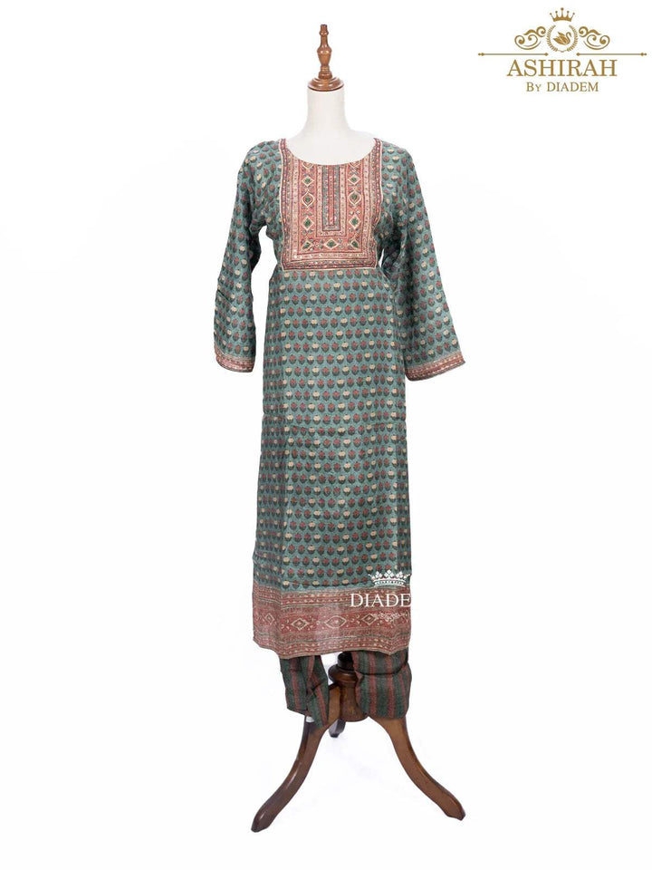 Green Straight Cut Salwar Suit Adorned with Floral Prints - Diadem