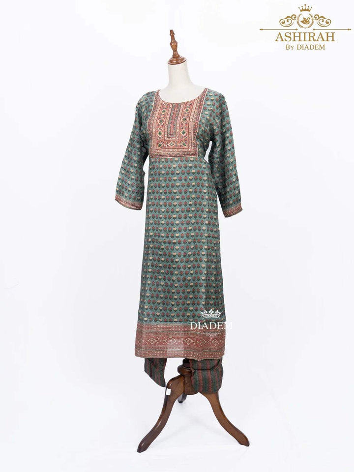 Green Straight Cut Salwar Suit Adorned with Floral Prints - Diadem