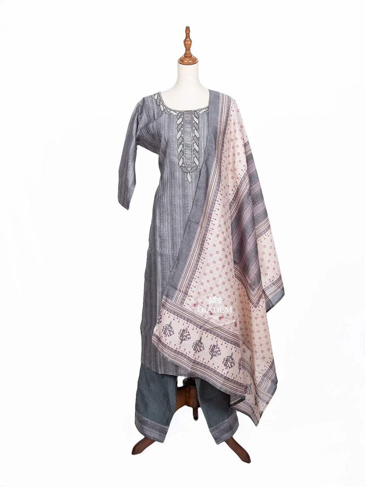 Ash Straight Cut Salwar Suit Adorned with Floral Prints and Beads along with Dupatta - Diadem