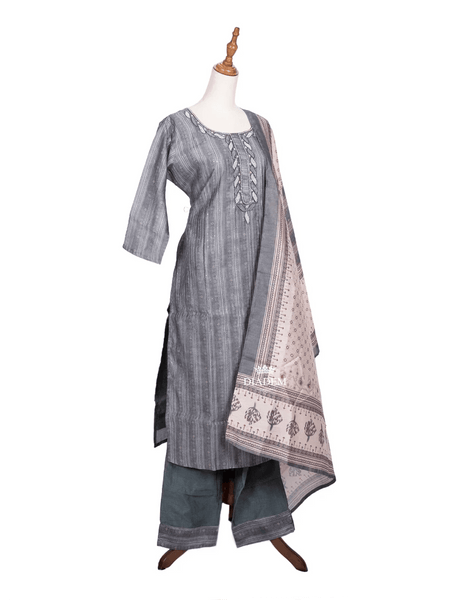 Ash Straight Cut Salwar Suit Adorned with Floral Prints and Beads along with Dupatta - Diadem