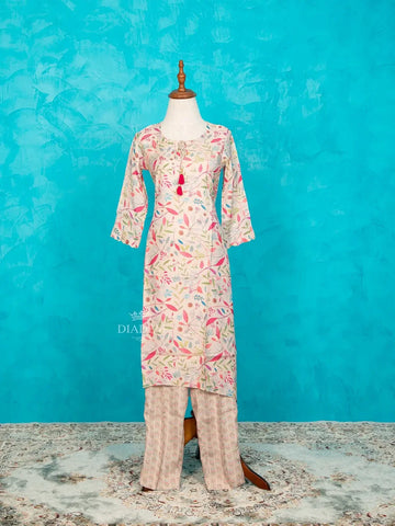 Off White Straight Cut Salwar Suit Adorned with Floral Prints and Beads - Diadem