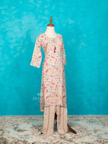 Off White Straight Cut Salwar Suit Adorned with Floral Prints and Beads - Diadem