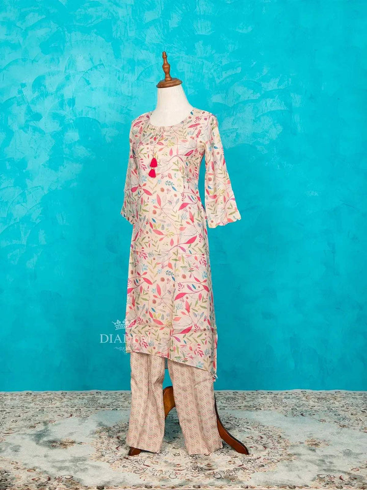 Off White Straight Cut Salwar Suit Adorned with Floral Prints and Beads - Diadem