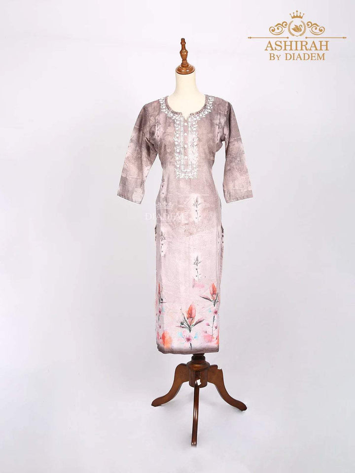 Rose Ebony Ombre Pattern Kurti Adorned with Floral Prints and Thread work - Diadem