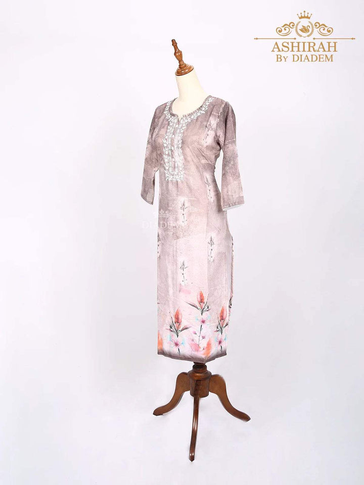 Rose Ebony Ombre Pattern Kurti Adorned with Floral Prints and Thread work - Diadem