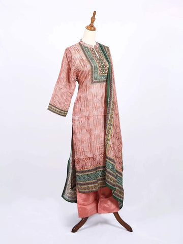 Peach Straight Cut Salwar Suit for Women Adorned with Beads and Prints along with Dupatta - Diadem