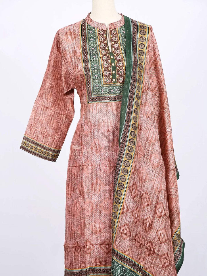 Peach Straight Cut Salwar Suit for Women Adorned with Beads and Prints along with Dupatta - Diadem