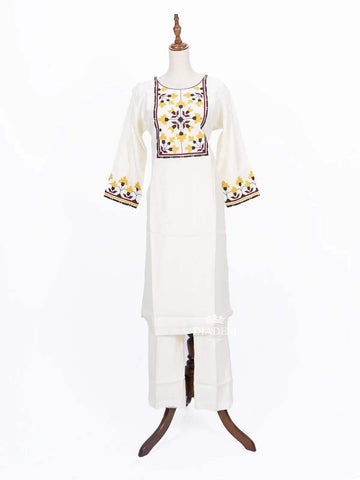 Off White Straight Cut Salwar Suit with Floral Thread work Embroidery - Diadem