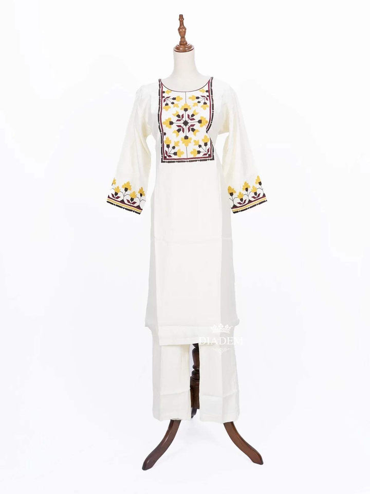 Off White Straight Cut Salwar Suit with Floral Thread work Embroidery - Diadem