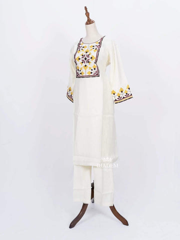 Off White Straight Cut Salwar Suit with Floral Thread work Embroidery - Diadem