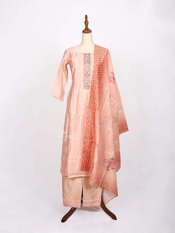 Light Peach Straight cut Salwar Suit Adorned with Floral Prints and Beads paired with Dupatta - Diadem