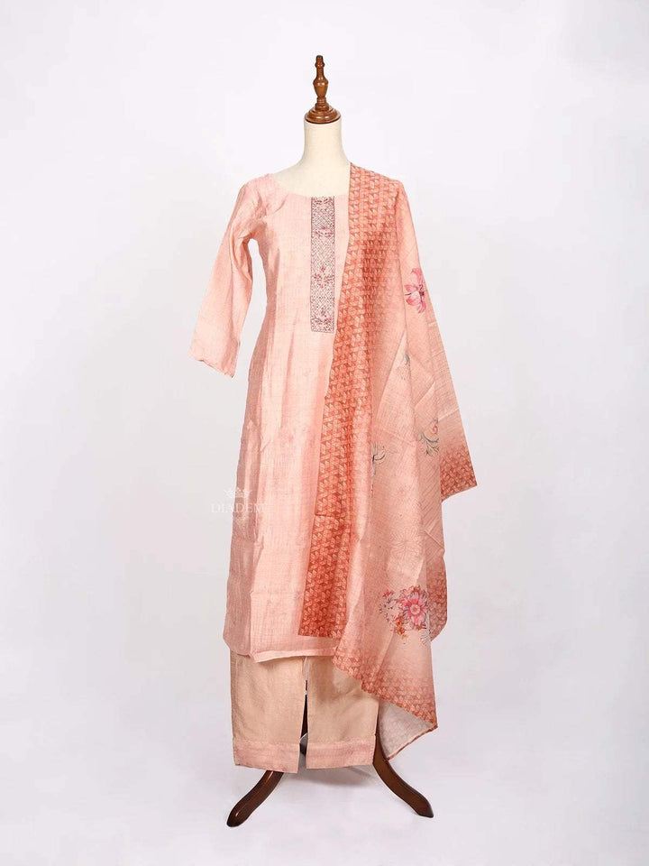 Light Peach Straight cut Salwar Suit Adorned with Floral Prints and Beads paired with Dupatta - Diadem