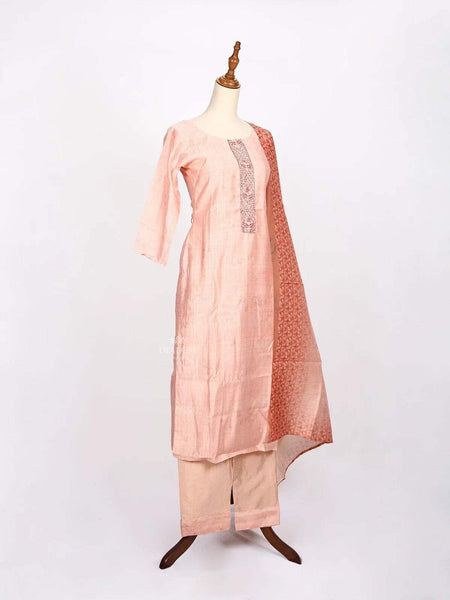 Light Peach Straight cut Salwar Suit Adorned with Floral Prints and Beads paired with Dupatta - Diadem