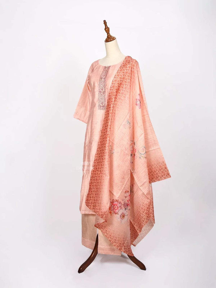Light Peach Straight cut Salwar Suit Adorned with Floral Prints and Beads paired with Dupatta - Diadem