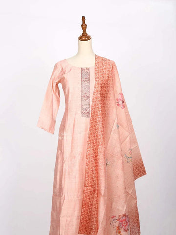 Light Peach Straight cut Salwar Suit Adorned with Floral Prints and Beads paired with Dupatta - Diadem