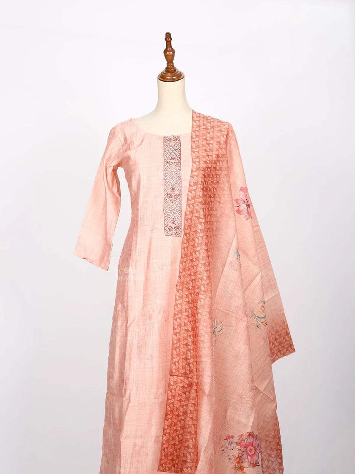 Light Peach Straight cut Salwar Suit Adorned with Floral Prints and Beads paired with Dupatta - Diadem