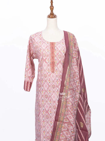 Pink Straight Cut Salwar Suit Enhanced with Floral Prints and Thread work along with Dupatta - Diadem