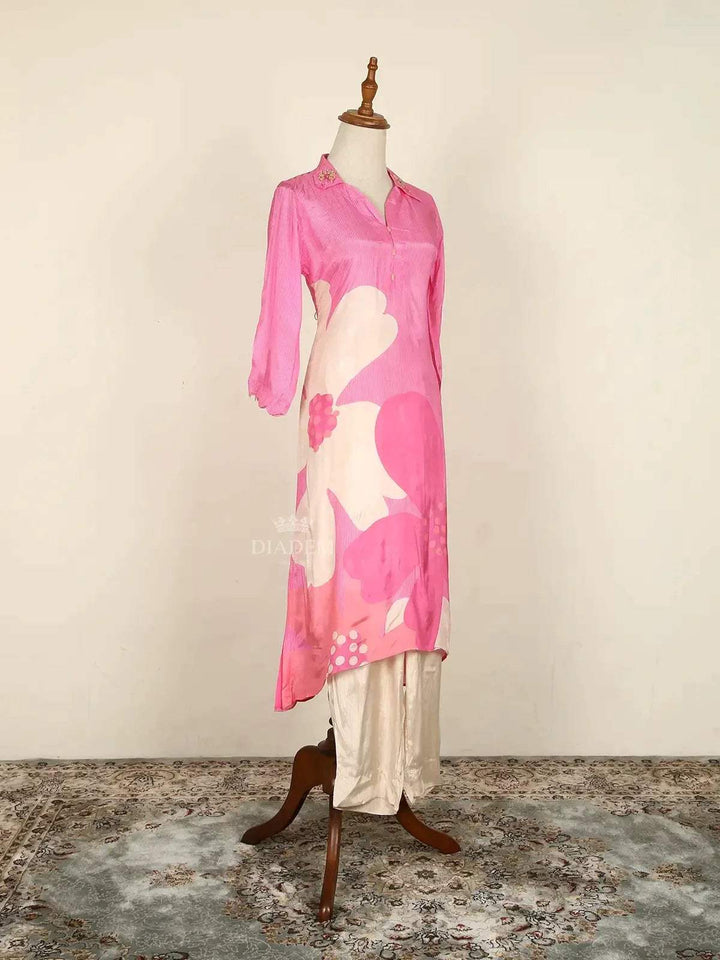 Pink Straight Cut Salwar Suit Adorned with Floral Prints - Diadem