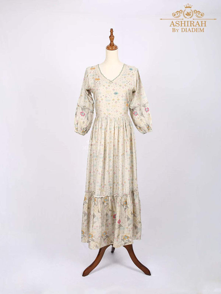 Beige Maxi Dress Adorned with Floral Prints - Diadem