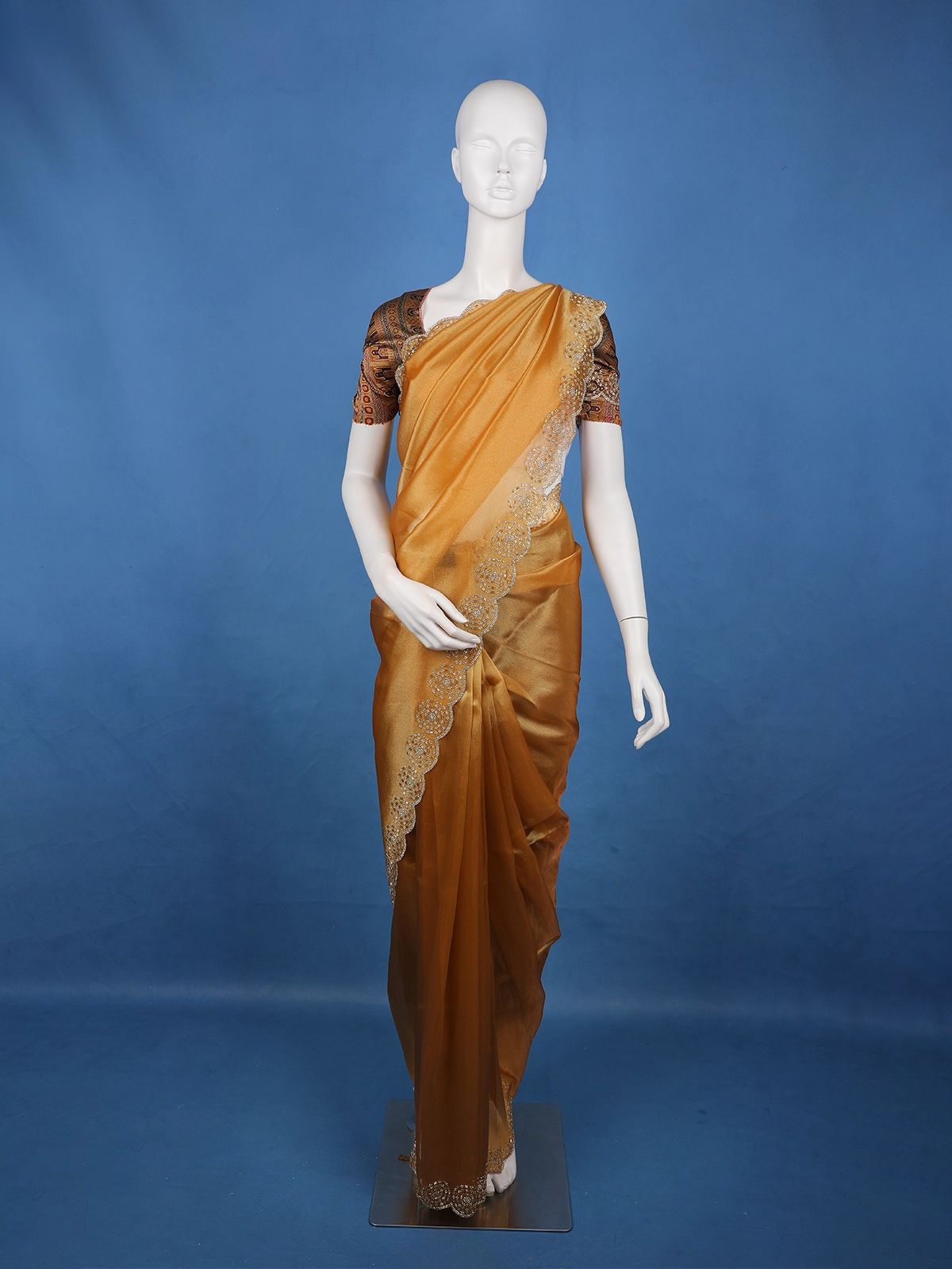 Caramel Brown Tissue Organza Saree with Embroidered Scallop Border - Diadem