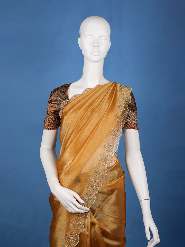 Caramel Brown Tissue Organza Saree with Embroidered Scallop Border - Diadem