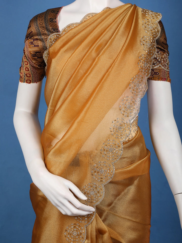 Caramel Brown Tissue Organza Saree with Embroidered Scallop Border - Diadem