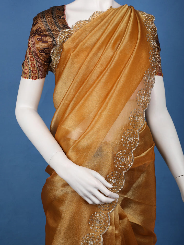 Caramel Brown Tissue Organza Saree with Embroidered Scallop Border - Diadem