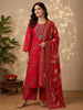 Carmine Red Floral Design Embroidered Semi Silk Salwar Suit