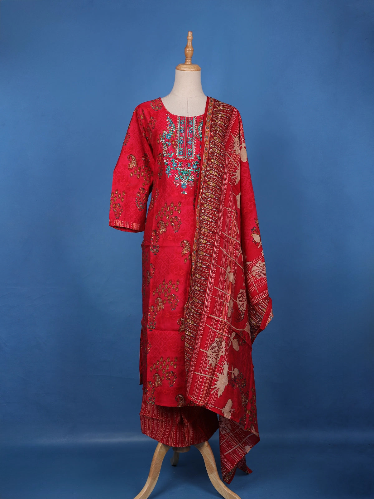 Carmine Red Floral Design Embroidered Semi Silk Salwar Suit - Diadem