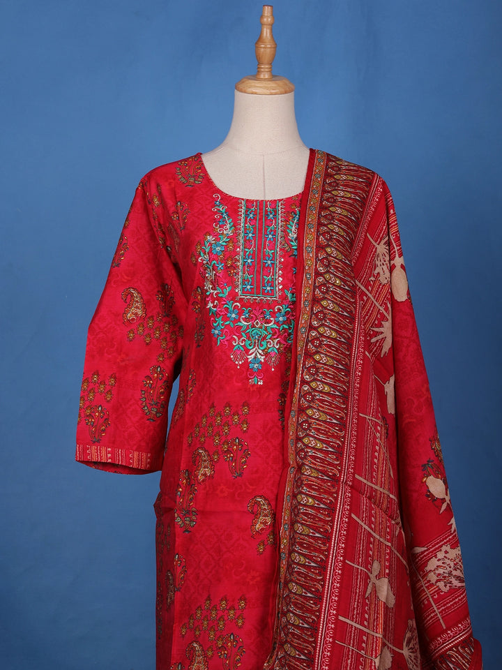 Carmine Red Floral Design Embroidered Semi Silk Salwar Suit - Diadem