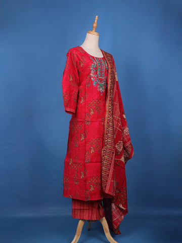 Carmine Red Floral Design Embroidered Semi Silk Salwar Suit - Diadem